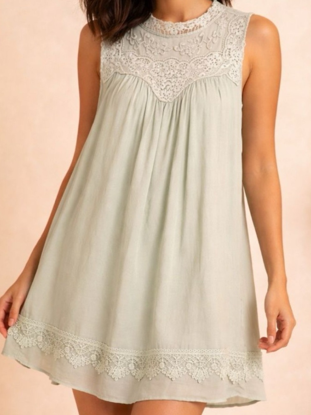 NWT Altar'd State Sage Green Crochet Lace Keyhole Mesh Swing Dress Size L Boho